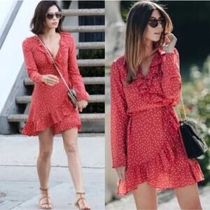 Realisation Par Alexandra Silk Polka Dot Wrap Mini Dress Red Romantic Size S